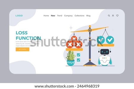 Loss Function in AI concept. Scale weighing errors and correct predictions, with observing robot signaling machine learning evaluation. Balancing accuracy. Flat vector illustration