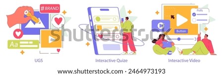 Interactive Engagement set. Digital interaction, social media engagement, and user interface elements. Branding, quizzes, and video interaction illustrated. Vector illustration.