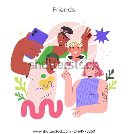 Diverse Friendship concept. Group of cheerful young friends posing for a selfie, embodying diversity and camaraderie. Vector illustration.