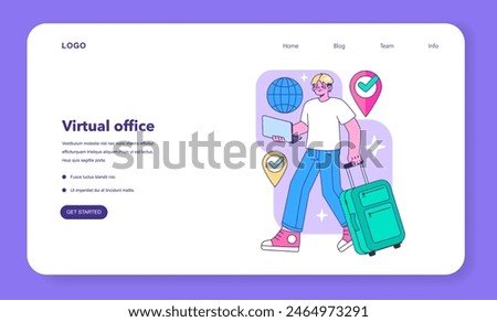 Confident traveler strides forward, laptop in hand and suitcase rolling behind, ready to explore the world with trusty navigation aids guiding the way. Flat vector illustration.