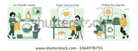 Sustainable Fashion set. Eco-friendly laundry, clothing repair and upcycling, recycling bin practices. Promoting environmental awareness in fashion. Vector illustration.