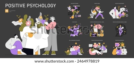 Positive Psychology set. Illustrates wellness practices from self-care to therapy. Mental health growth, joyful aging, and relationships. Vector illustration.