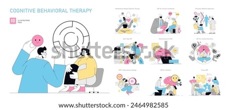 Cognitive Behavioral Therapy set. Therapeutic techniques for mental health improvement. Mindfulness, self-help strategies, and tailored CBT for various conditions. Vector illustration.