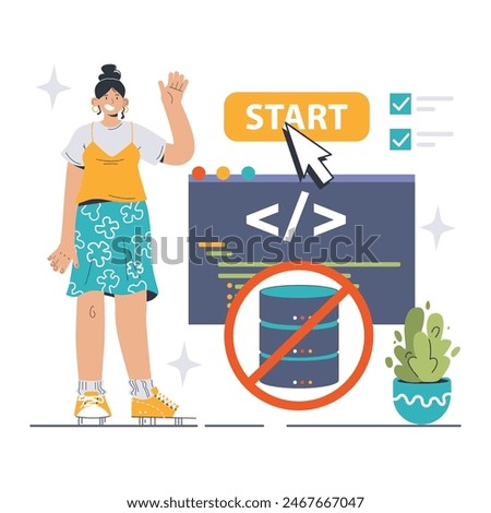 Serverless Computing concept. An illustration shows a developer beginning cloud-based operations without traditional server constraints. Streamlined coding process in modern development. Flat vector