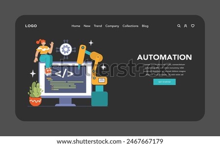 DevOps web banner or landing page dark or night mode. Software development and it operations life cycle, programming and IT service integration and automation. Flat vector illustration