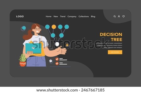 Decision-making dark or night mode web, landing. Strategic thinking, brainstorming and solution research. Multiple options. Pros and cons, risk and benefits analysis. Flat vector illustration