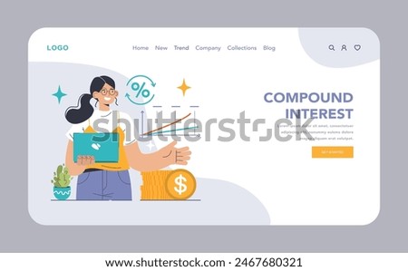 Reinvestment web or landing. Professionals navigating financial growth, dividends to compound interest. Portfolio management, capital gains exploration. Flat vector illustration.