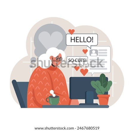 Charming senior woman enjoys online dating, receiving warm messages and heart-filled compliments from potential partners. Flat vector illustration