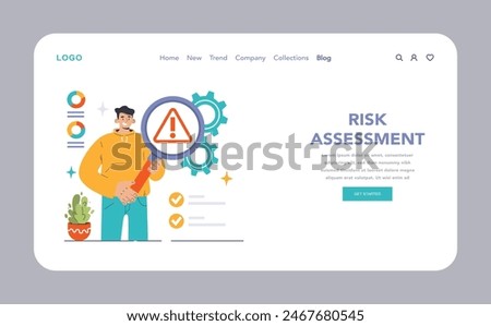 Risk Assessment concept. Confident man with magnifying glass focuses on hazard symbol, illustrating proactive hazard identification and prevention strategy. Secure operations focus. Flat vector