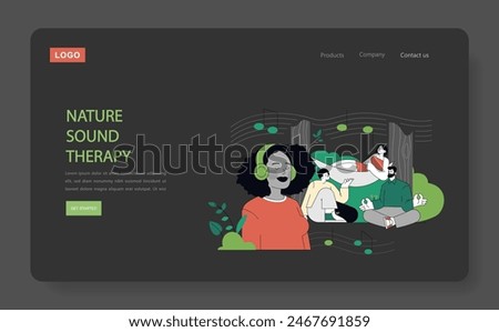 Eco Therapy concept. People engage in outdoor activities, harmonizing with nature for mental wellness. Relaxation in natural settings, sound healing. Vector illustration.