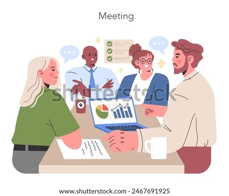 Meeting concept A collaborative workspace where diverse professionals analyze data and strategize, fostering a culture of teamwork and communication Vector illustration