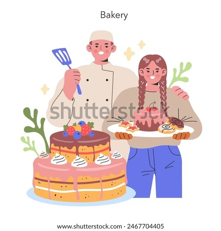 Joyful Bakery Duo A pastry chef with a spatula and a baker with a tray of sweets celebrate the art of confectionery in a cozy bakery setting Vector illustration