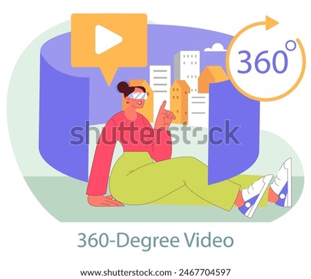 Immersive Marketing concept. A user experiences virtual reality 360-degree video content in an urban setting. Engagement through innovative tech and VR glasses. Vector illustration.