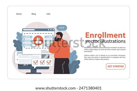 Enrollment process concept. Man analyzing user profile on computer. Digital registration, data entry and verification. Online application acceptance. Flat vector illustration