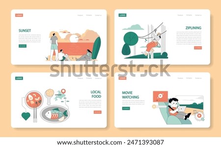 Summer Activities set. Enjoying serene sunsets, adventurous ziplining, tasting local cuisine, and relaxed movie watching. Vector illustration.