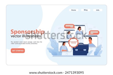 Team collaborates on virtual meetings, discussing the nuances of a sponsorship package. Conversations blend business and support opportunities. Digital endorsement and partnership. vector illustration