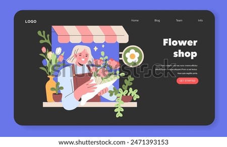 Blossoming Florist Shop A cheerful florist arranges a bouquet with care, surrounded by the vivid colors of fresh blooms in a quaint flower shop Vector illustration