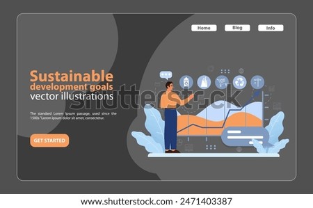 SDG or sustainable development goals night mode or dark mode web banner or landing page. Environment protection, social progress and innovative technologies. ESG and CSR. Flat vector illustration