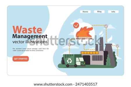 Waste management through incineration. Recycling truck near an industrial plant with flames, emphasizing the incineration process. Efficient waste disposal method. Flat vector illustration