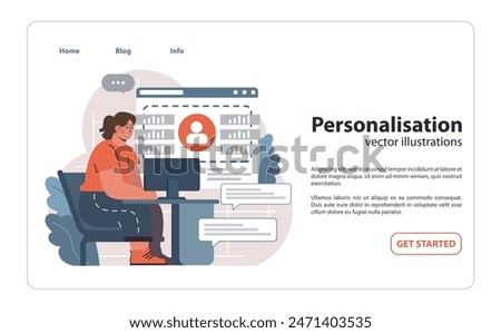 Personalisation in digital platform concept. Woman at computer adjusts user profile settings on a webpage, enhancing tailored content delivery. Individual user experience focus. vector illustration