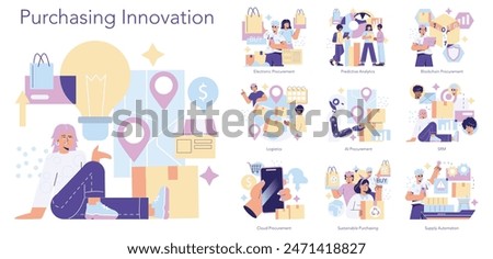 Purchasing Innovation set. Modern procurement methods including AI, blockchain, and predictive analytics. Efficient supply chain management and digitized logistics. Vector illustration.