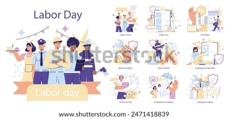 Labor Day concept set. Celebration of different professions and workers' rights. Labor union, fair wage, and workplace safety. Vector illustration.