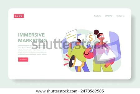 Immersive Marketing concept. Engaging consumers with interactive advertising strategies. Digital content creation, virtual experiences, modern commerce trend. Vector illustration.