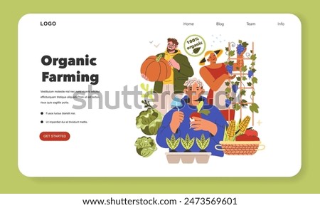 Organic Farming concept. People engaging in sustainable agriculture with fresh produce, promoting healthy lifestyles. Vector illustration.