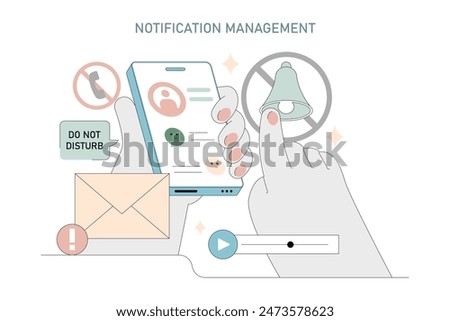 Notification management concept. A hand interacts with a smartphone to organize alerts and ensure focus. Do not disturb mode for productivity. Vector illustration.