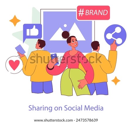 Brand Ritual concept. Illustration of people engaging with a brand through social media interactions and content sharing. Community and digital engagement. Vector illustration.