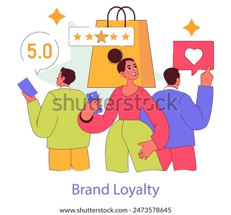 Brand Authenticity concept. Consumers showing support and satisfaction with a brand through ratings and love. Concept of customer loyalty. Vector illustration.