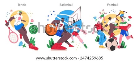 Summer Sports Activities set. Dynamic illustrations of tennis, basketball, and football players in action. Expressive athletic moments captured in bright colors. Vector illustration.