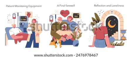 Euthanasia concept set. Patient end-of-life care, emotional goodbye moment, contemplation on mortality. Compassionate terminal illness support. Vector illustration.