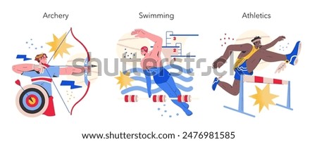 Olympic sports set. Athletes competing in archery, swimming, and athletics. Dynamic representation of Olympic disciplines. Vector illustration.