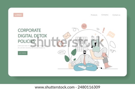 Digital Detox concept. Corporate employees embrace mindful tech use with a tranquil meditation scene. Office calmness, productivity balance, mental health focus. Vector illustration.