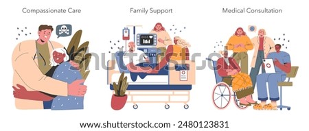 Euthanasia concept set. Illustrations depict compassionate end-of-life scenarios including care, family support, and medical consultation. Vector illustration.