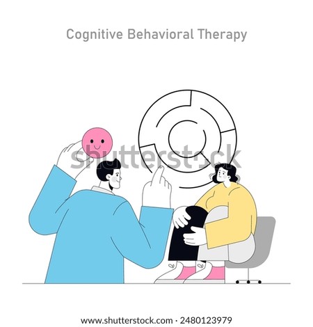 Cognitive Behavioral Therapy concept. A therapist guides a patient through positive emotional strategies. Mental health and psychological resilience. Vector illustration.