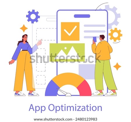 Branded App concept. Professionals enhance a mobile application's performance and design. Optimization strategy, user interface upgrade. Vector illustration.