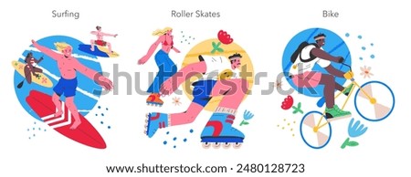 Summer Sports Activities set. Lively illustrations of people engaging in surfing, roller skating, and biking with vibrant background colors. Vector illustration.