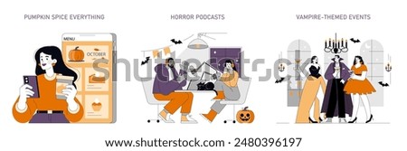 Halloween Celebration set. From pumpkin spice flavors to horror podcasts and vampire-themed parties. Seasonal activities and festive enjoyment. Vector illustration.