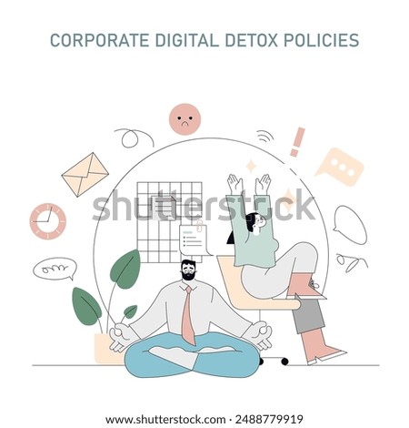 Digital Detox concept. Office workers practicing mindfulness away from technology. Balance in work life through digital wellness policies. Vector illustration.