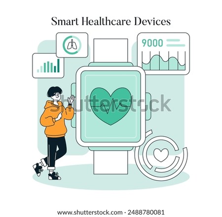 Healthcare Innovation concept. Modern technology enhancing personal health monitoring. Interactive medical device with user engagement. Vector illustration.