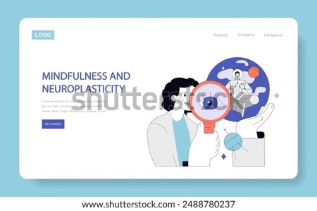 Neuroplasticity concept. A researcher magnifies a brain, exploring mental growth and cognitive flexibility. Brainpower development and mindfulness. Vector illustration.