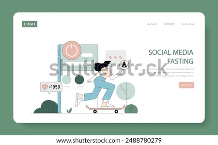 Digital Detox concept. A person skateboarding away from smartphone notifications towards tranquility. Off-screen activities, mental health focus. Vector illustration.