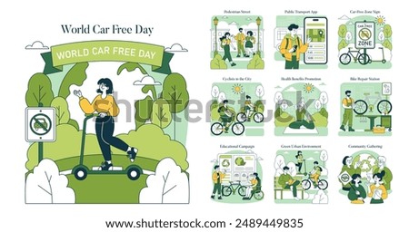 World Car Free Day concept set illustrating eco-friendly transportation options and urban lifestyle changes. Promotes walking, cycling, and public transit. Vector illustration.