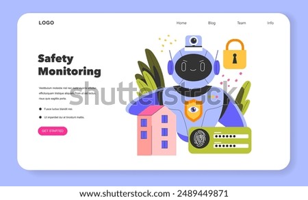 Robot assistant concept. An automated guardian securing a home on a digital interface with monitoring equipment. Smart security technology and protection. Vector illustration.