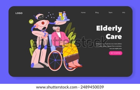 Robot Assistants concept. A caring android tends to the needs of an elderly woman in a wheelchair. Comfort and innovation in modern elderly care. Vector illustration.