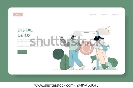 Digital Detox concept. Individuals escaping digital overload by engaging with nature and embracing offline activities. Disconnect to reconnect. Vector illustration.