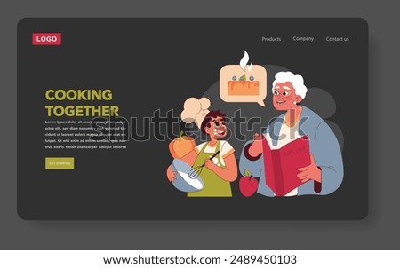 Grandparents Day concept. Illustration of a joyful grandchild and grandparent baking together, sharing recipes and smiles. Warm family bonding moment. Vector illustration.