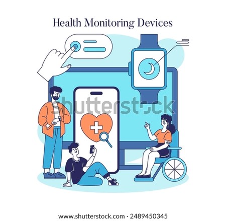 Health Monitoring Devices concept. People use advanced technology for healthcare management. Wearable watch and mobile app for well-being. Vector illustration.